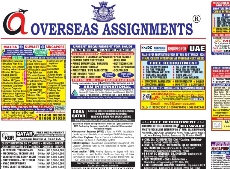 28.02.2026 Assignment abroad Times epaper today download free pdf, gulfjobindians, gulf jobs,
